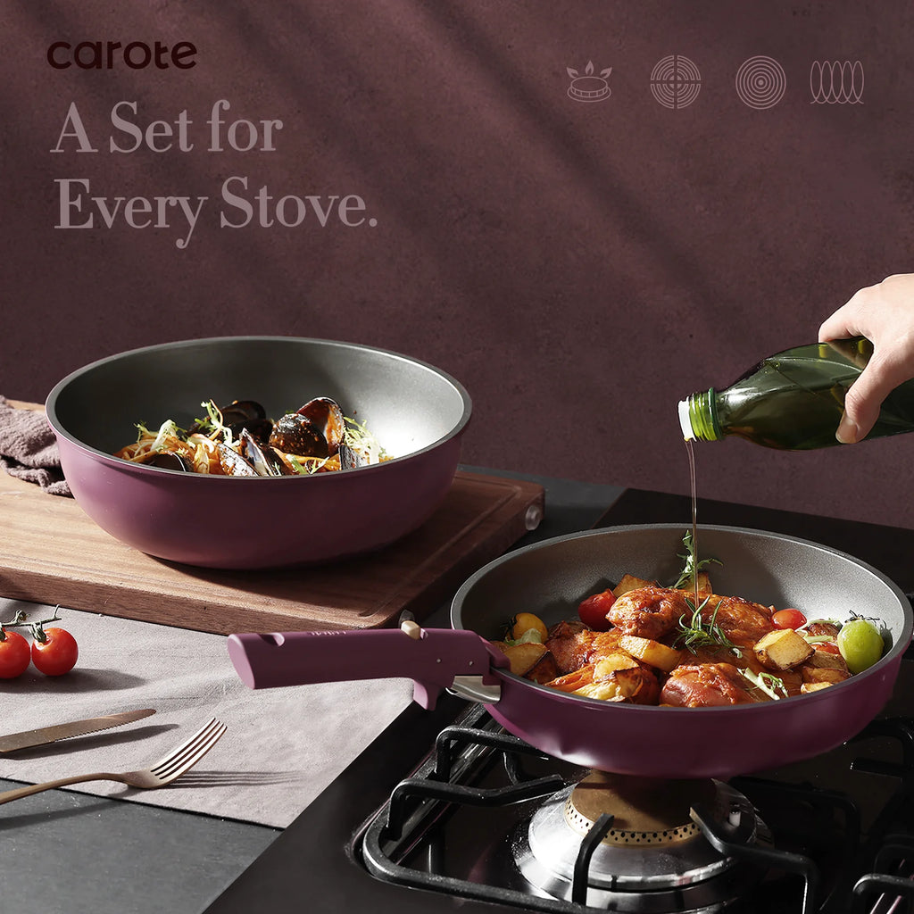 Carote 20 Pcs Nonstick Cookware Sets, Pots and Pans Set with Detachable Handles, Oven Safe, Induction Cookware, Stackable Kitchen Cooking Set, Ultra Violet