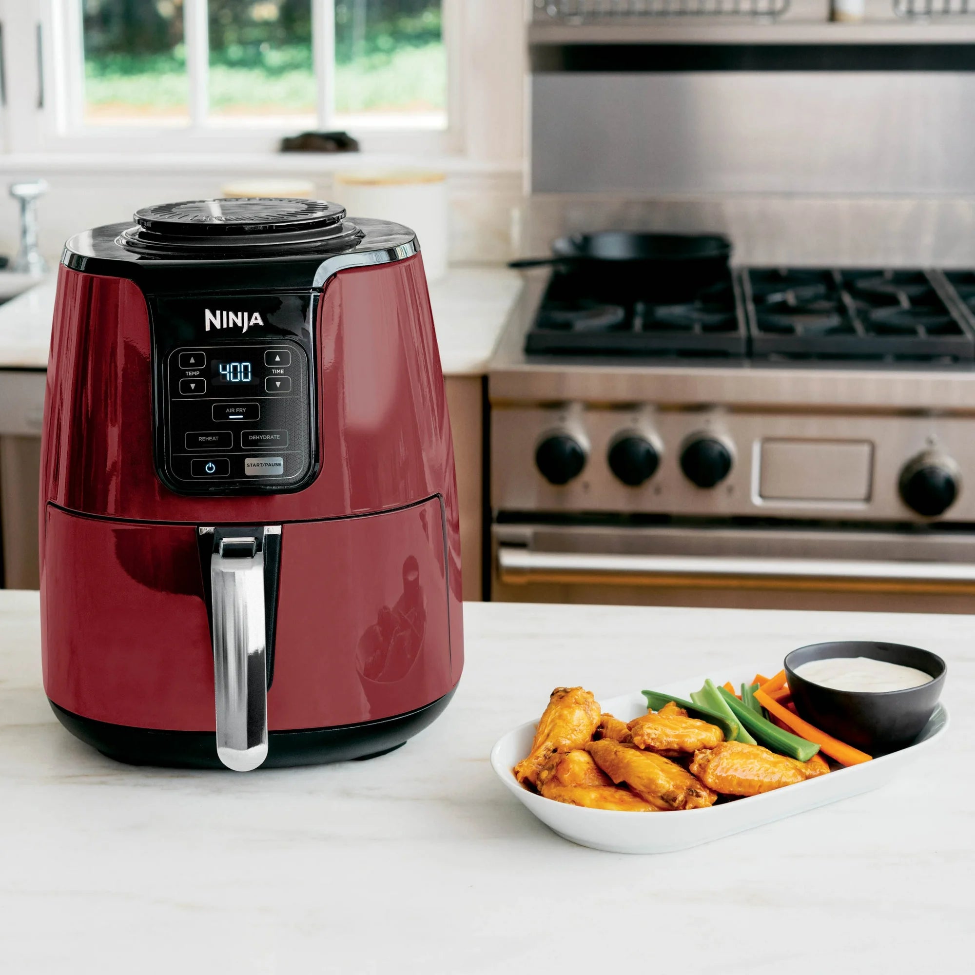 Ninja 4 Qt Air Fryer, 3 Functions, Air Fry, Reheat, and Dehydrate, Dishwasher Safe, Non-Stick, AF100, Red