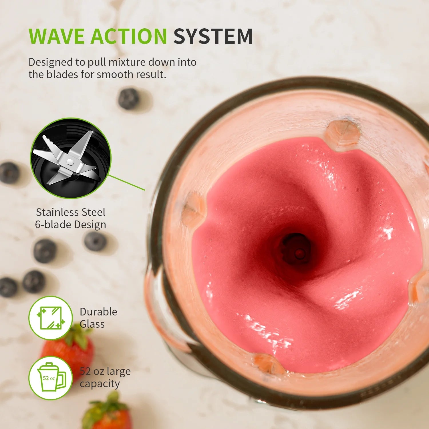 1200W Smoothie Blender, 52 Oz Countertop Blender for Shakes & 22 Oz Juicer Cup, 3 Adjustable Speed for Frozen Fruit Drinks, Smoothies, Sauces, Large Capacity